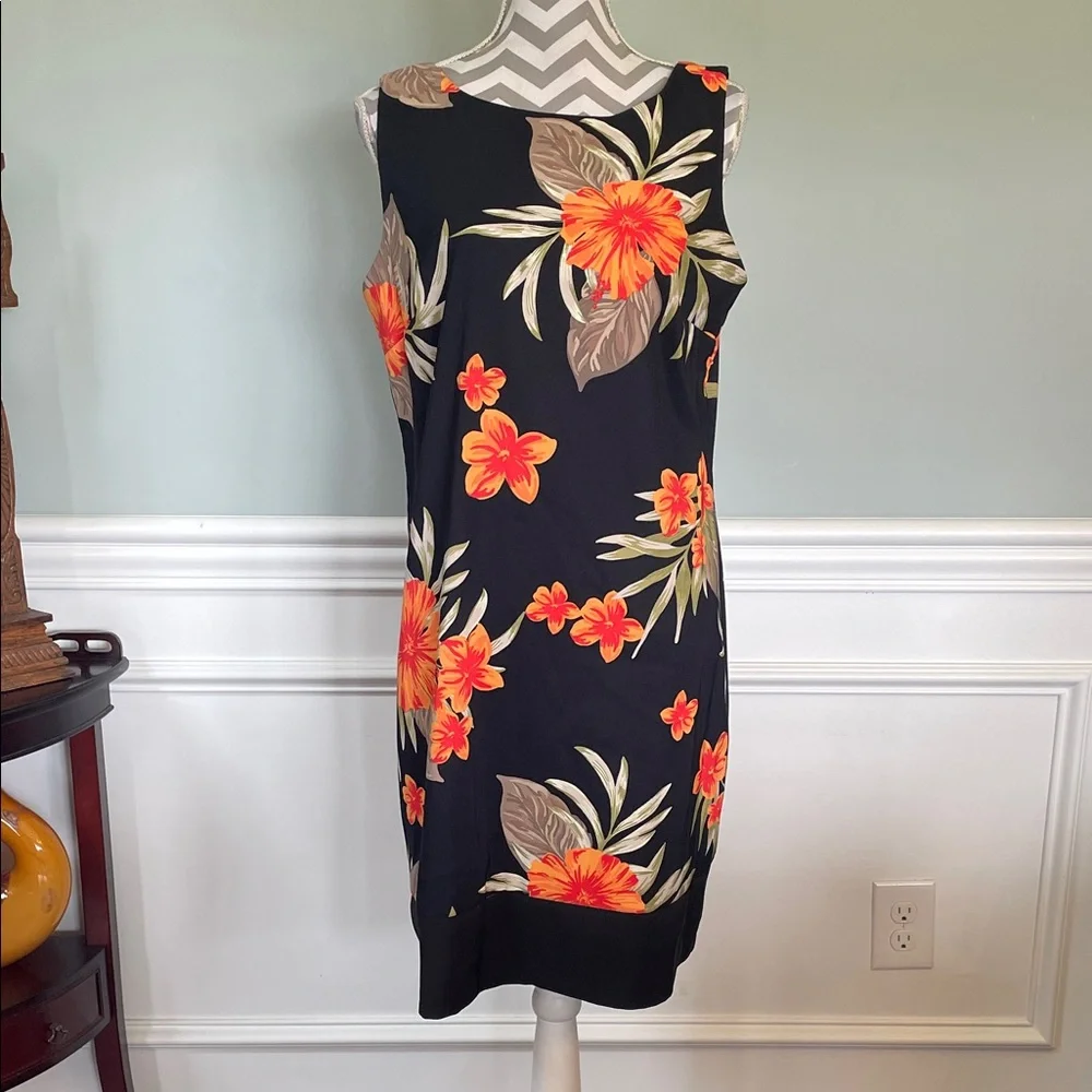 ALYX Sleeveless Black Tropical Floral Shift with Orange Blooms Dress Sz 14